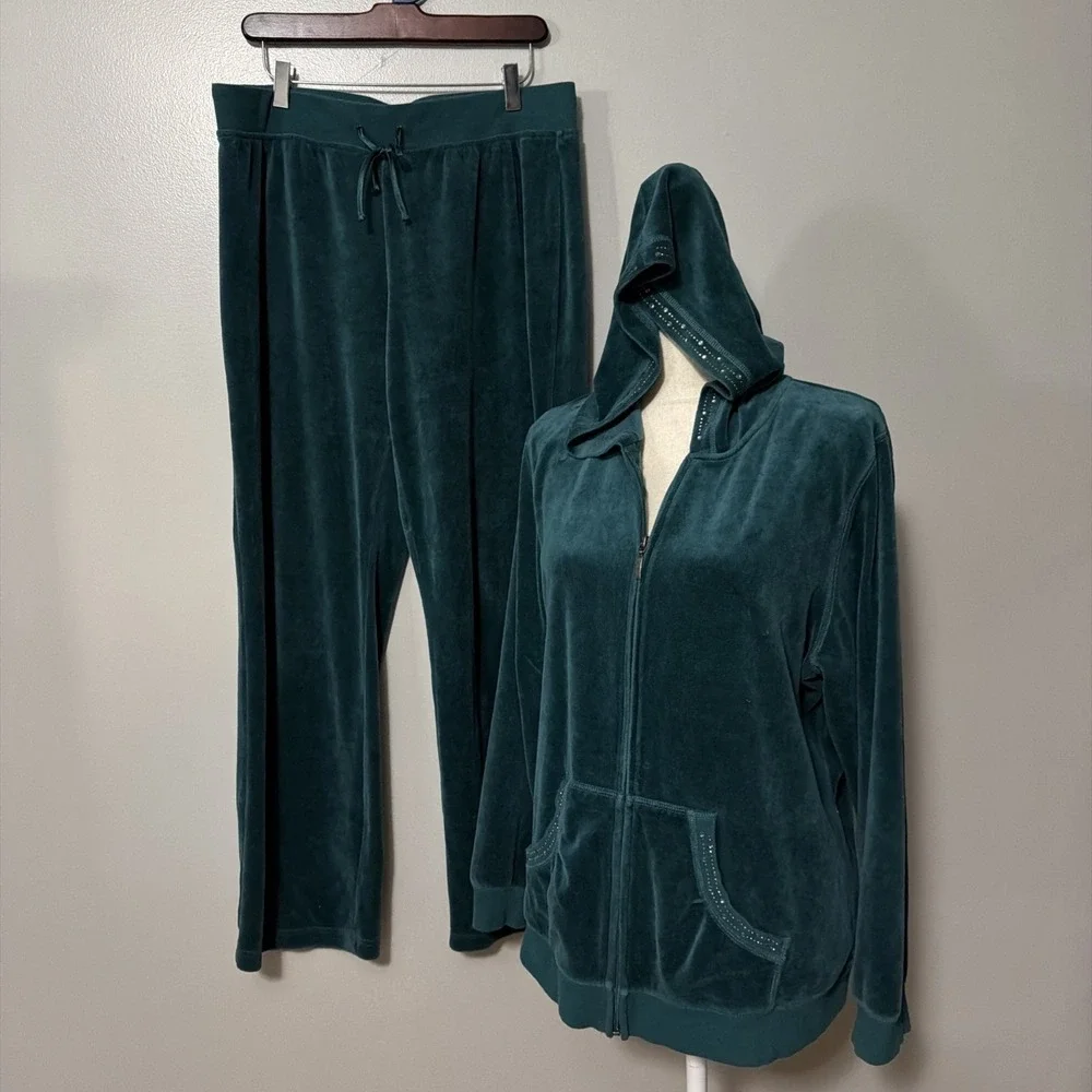 SB Active Women Emerald Green Velour Tracksuit Jewel Stud Trim XL Hoodie Pants
